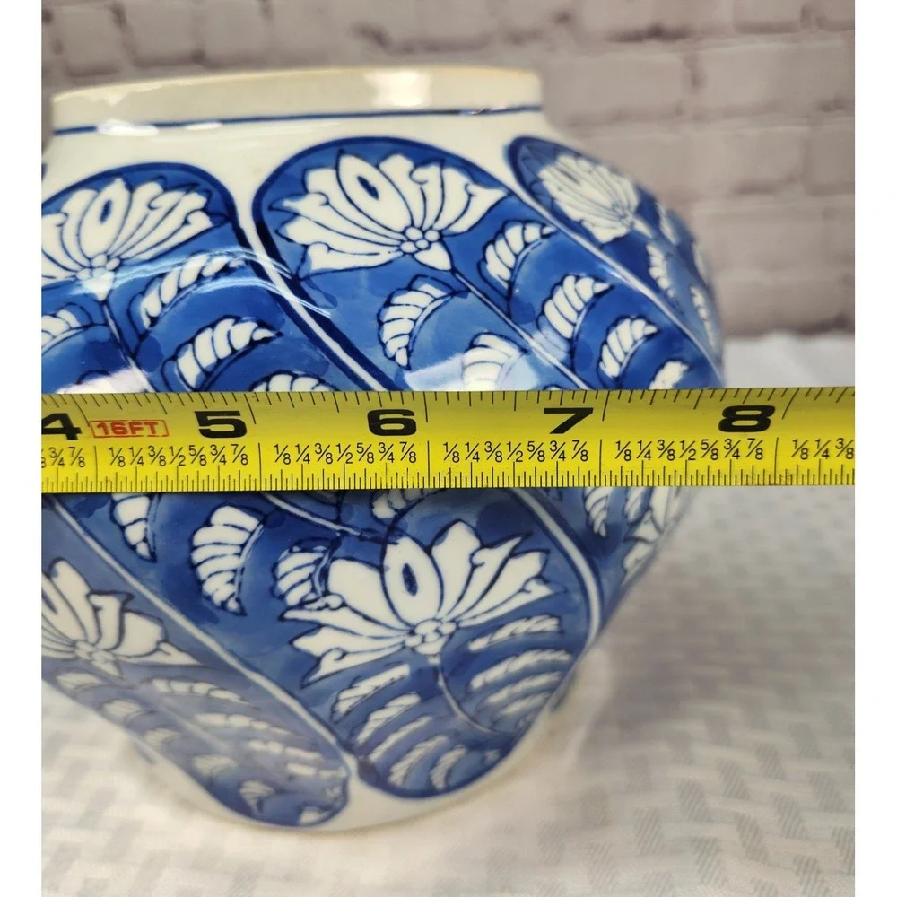 Vintage Chinese Porcelain Blue White Fishbowl Planter Vase Abstract Floral Leaf